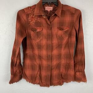 Ryan Michael Shirt Womens Medium Orange Plaid Embroidered Western Frayed Hem